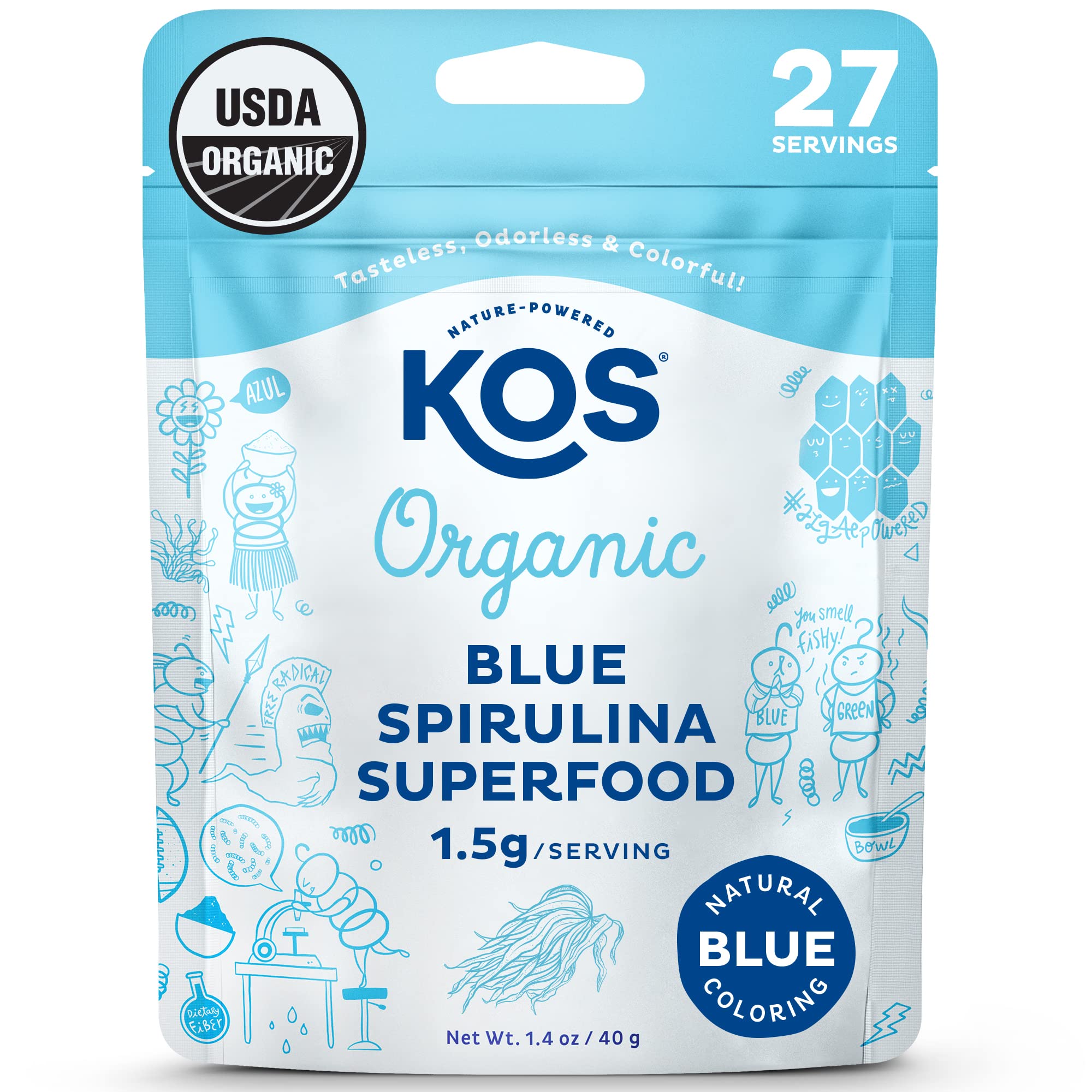 KOS Blue Spirulina powder bottle closeup highlighting vibrant color and organic quality.