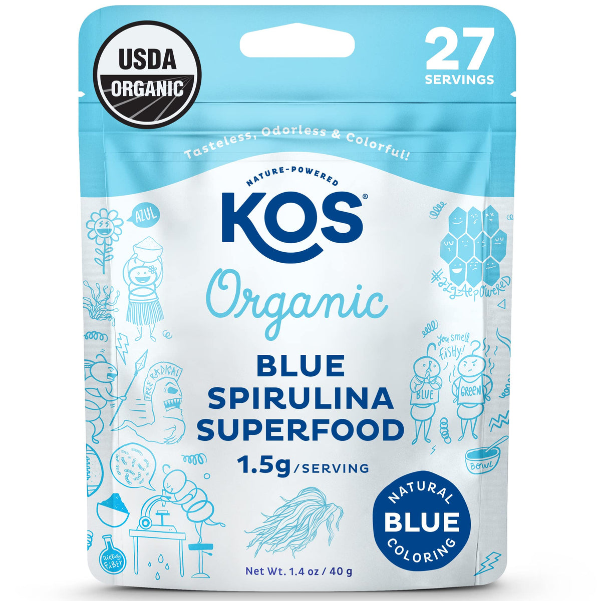KOS Blue Spirulina powder bottle closeup highlighting vibrant color and organic quality.