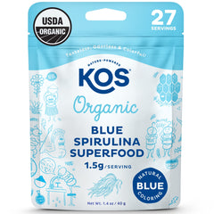 KOS Blue Spirulina powder bottle closeup highlighting vibrant color and organic quality.