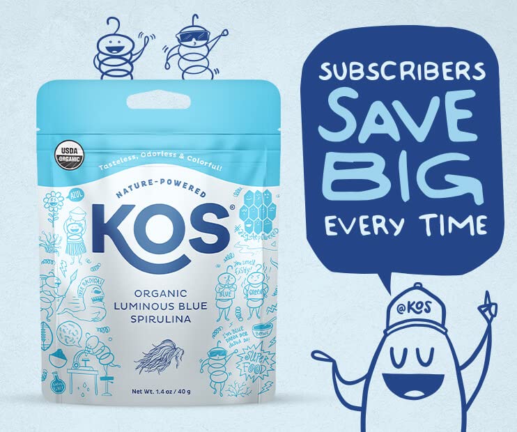 KOS Blue Spirulina powder being scooped into a smoothie for color and protein boost.