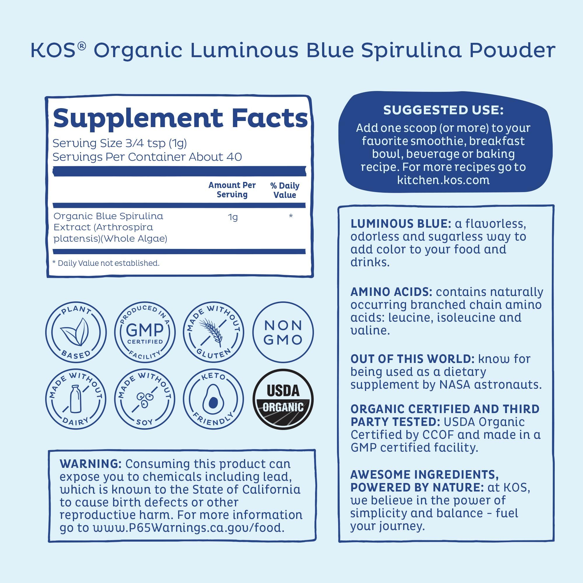 KOS Blue Spirulina smoothie showing a rich blue hue and plant-based protein.