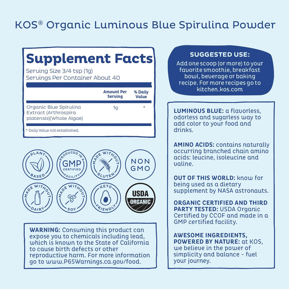 KOS Blue Spirulina smoothie showing a rich blue hue and plant-based protein.