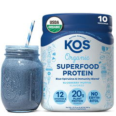 KOS Blueberry Muffin protein bottle shows a premium plant-based shake option for daily energy