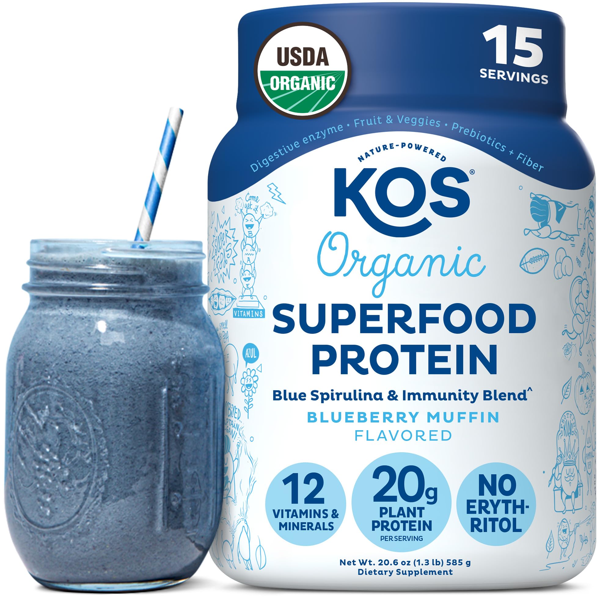 KOS Blueberry Muffin Protein Scoop for a tasty vegan shake option.