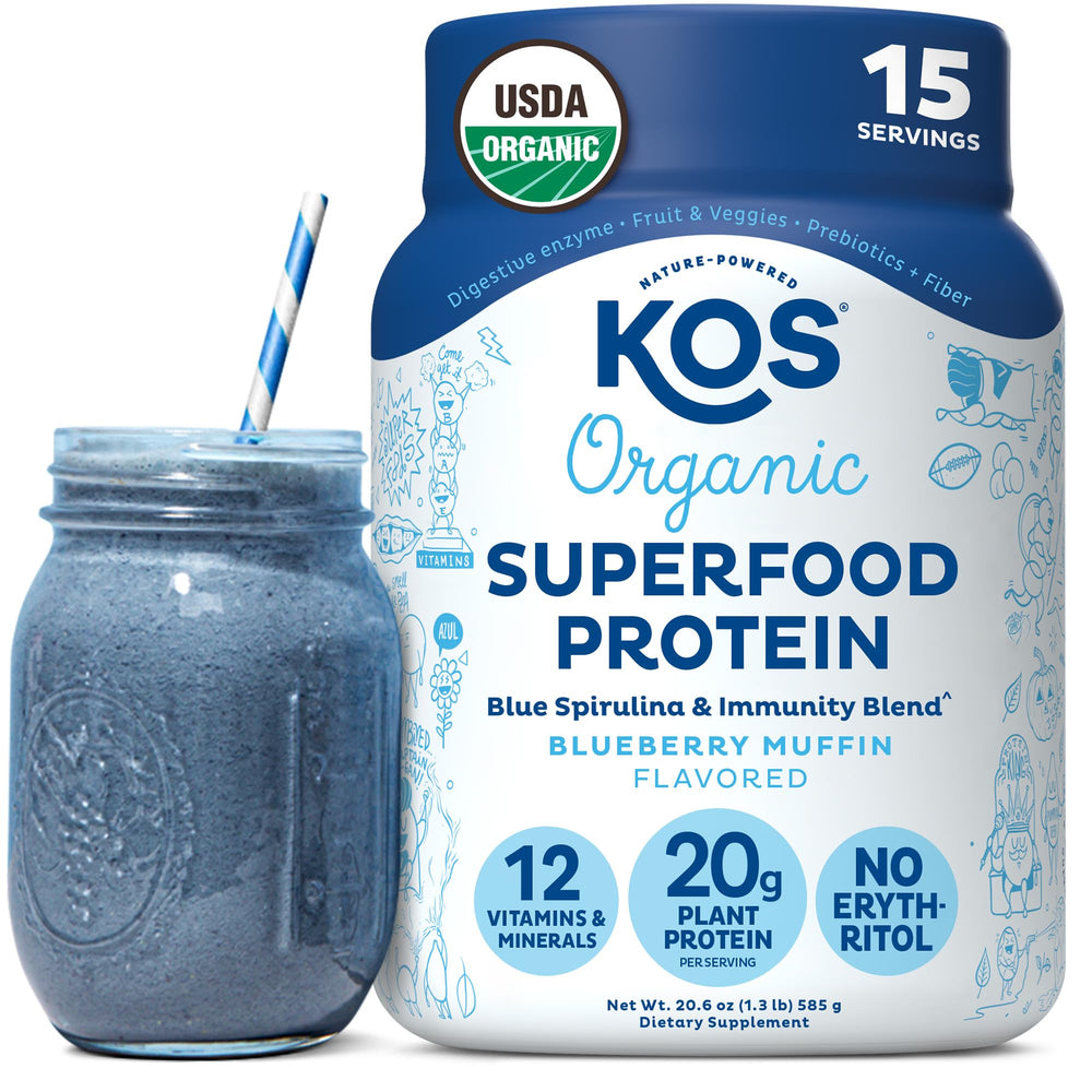 KOS Blueberry Muffin Protein Scoop for a tasty vegan shake option.