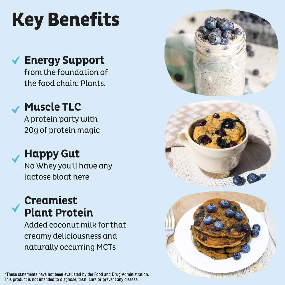 KOS Blueberry Muffin protein shake glass highlights dairy-free, creamy flavor