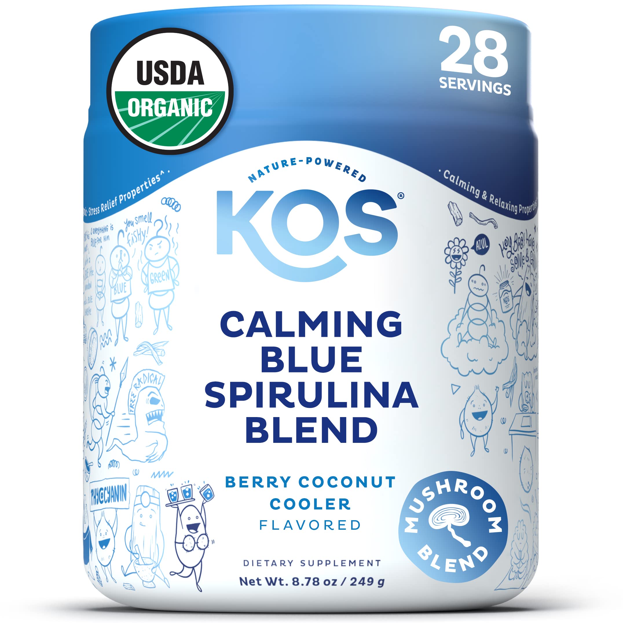 Kos Calming Blue Spirulina powder jar for a soothing morning ritual.
