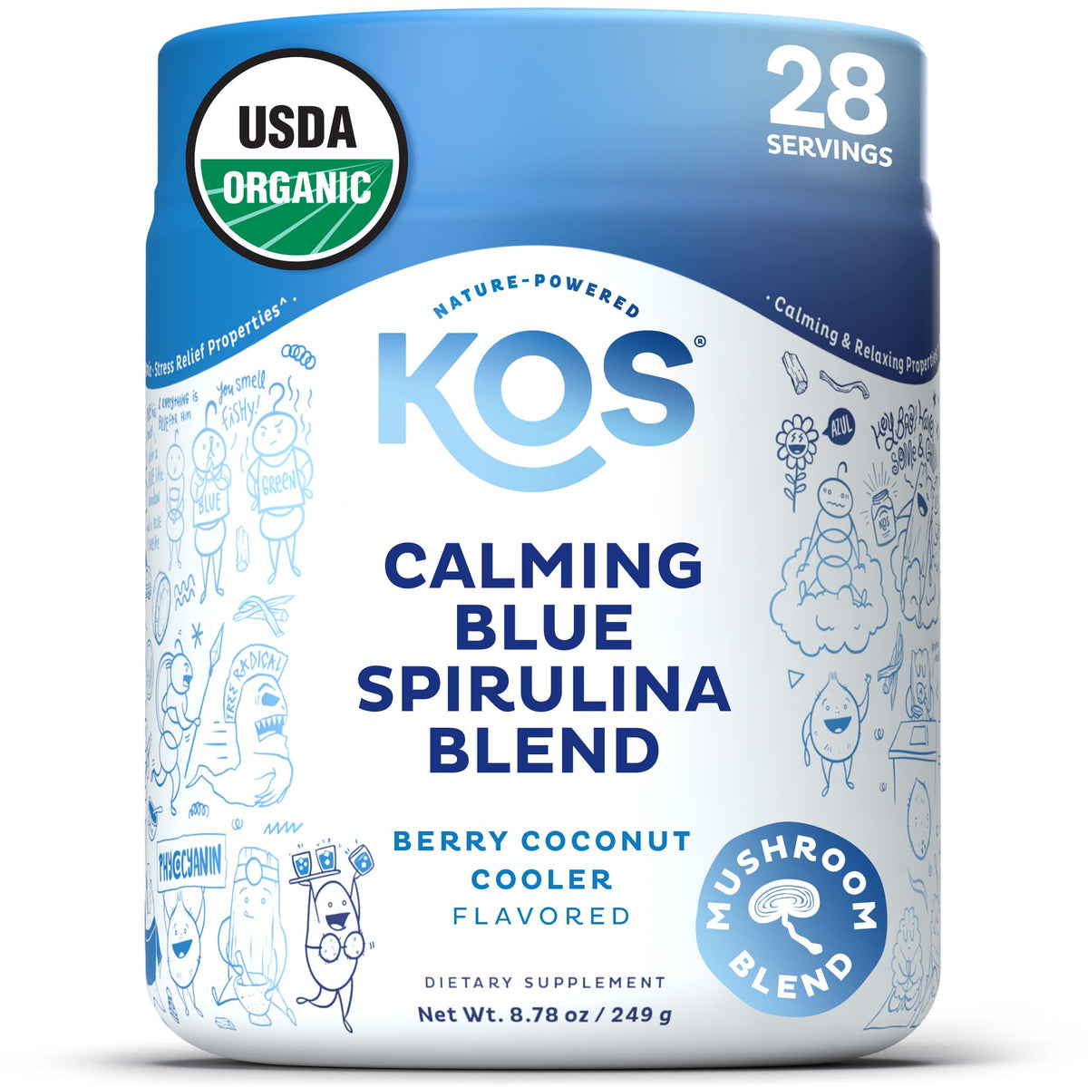 Kos Calming Blue Spirulina powder jar for a soothing morning ritual.