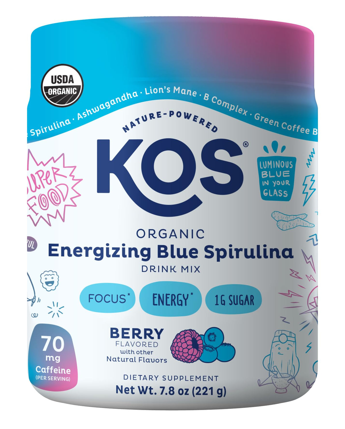 KOS Energizing Blue Spirulina Blend bottle with vivid blue color for pre-workout ritual.