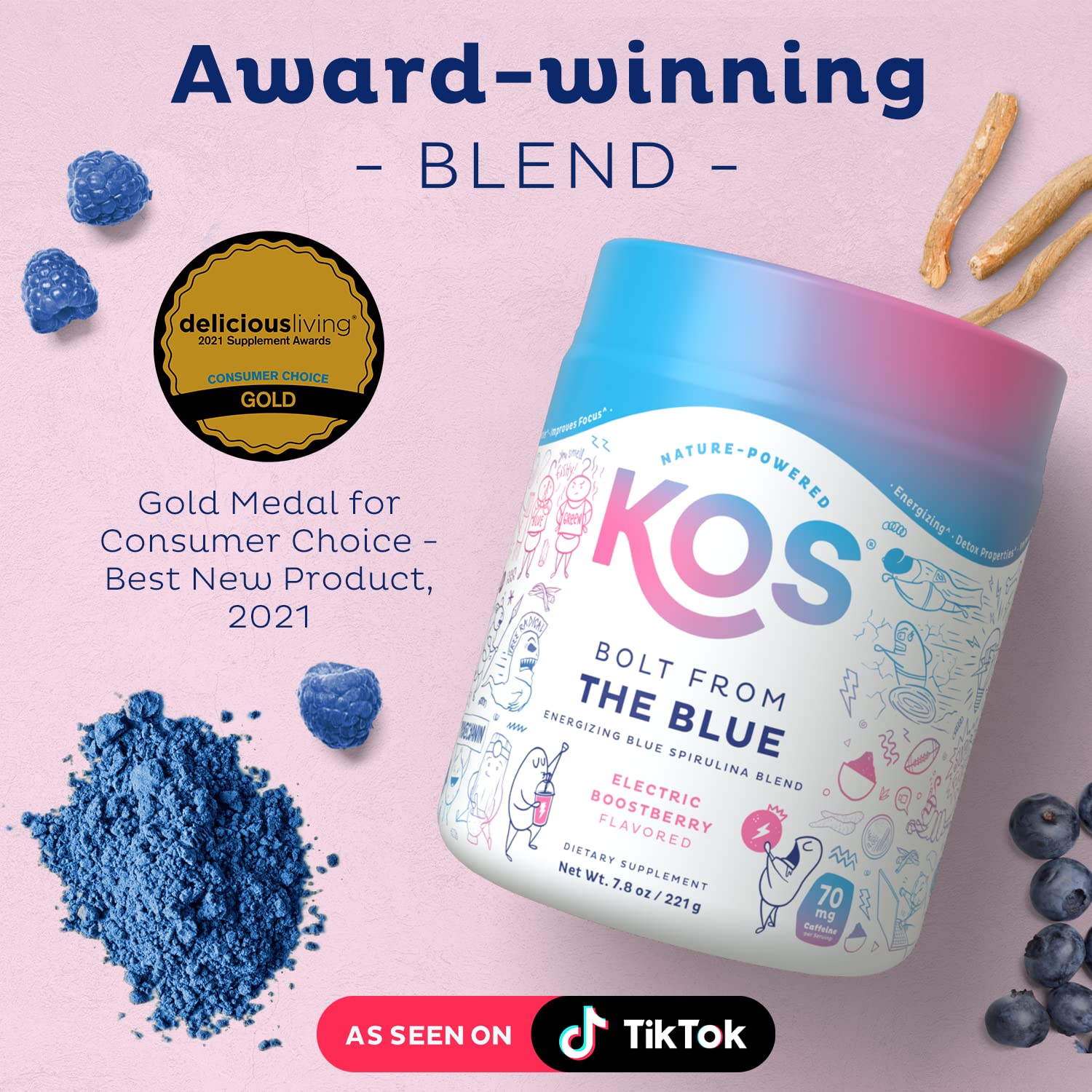 KOS green coffee caffeine source provides a measured lift.