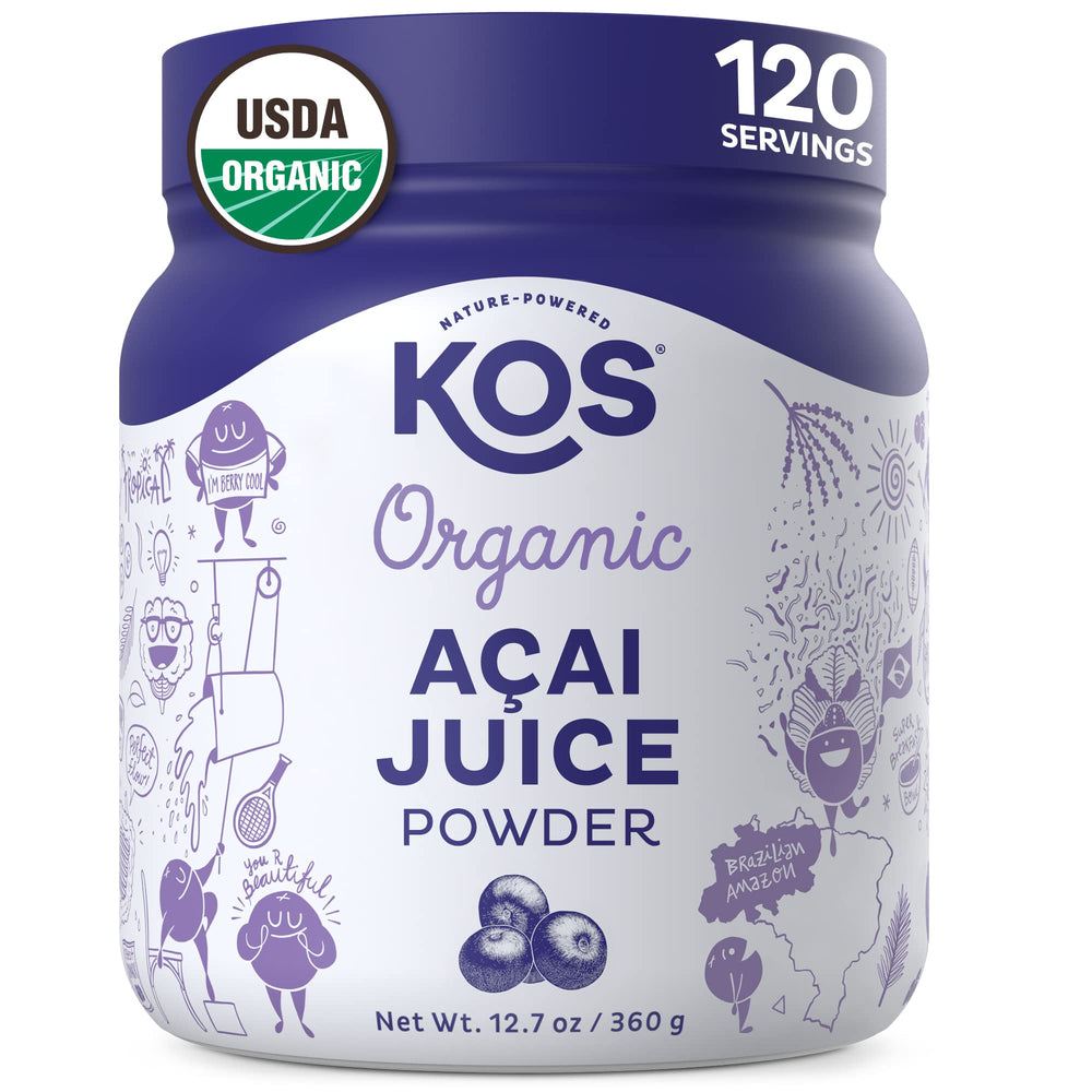 KOS Organic Acai Powder bottle showing premium organic product.