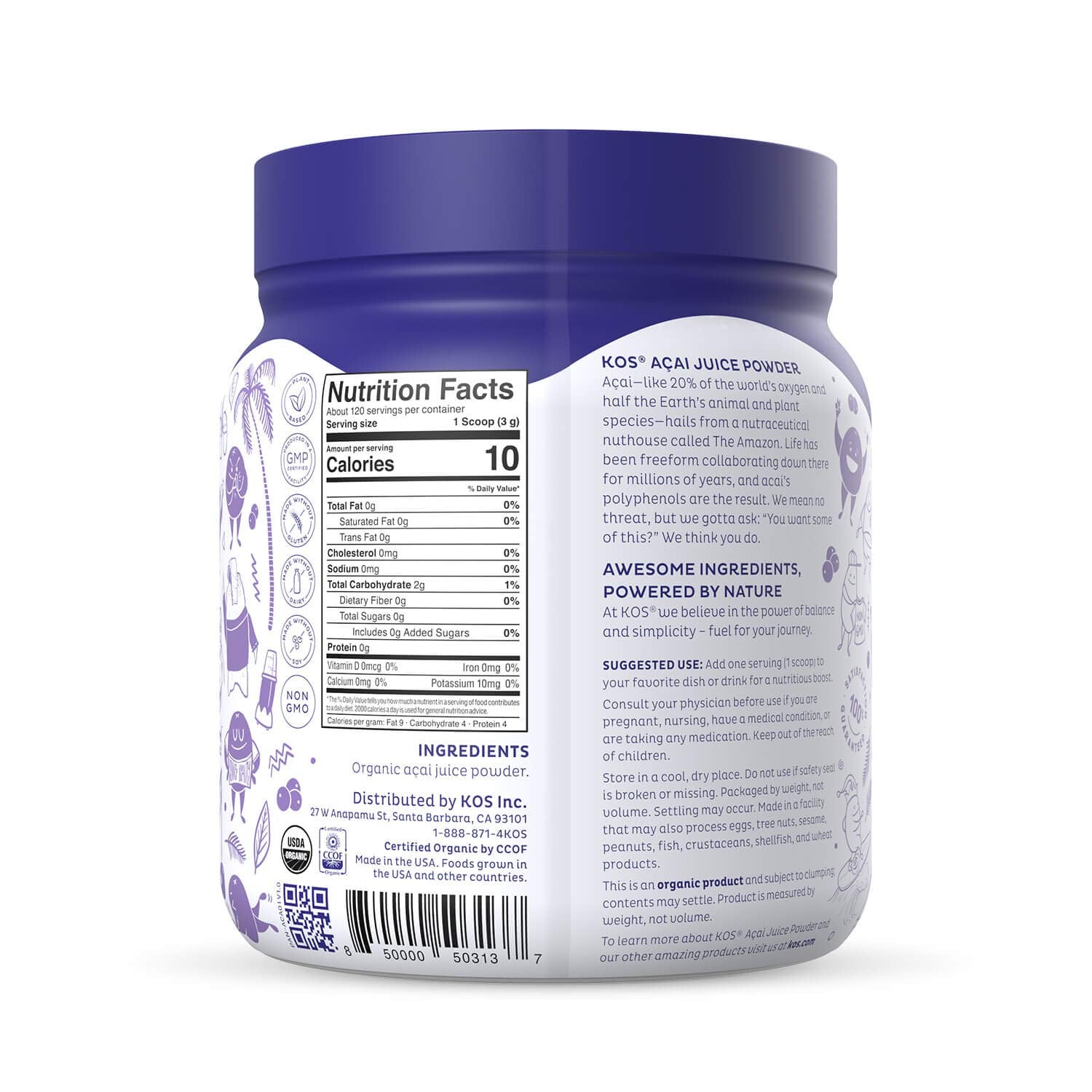 KOS Acai Powder close-up reveals natural color and antioxidants.