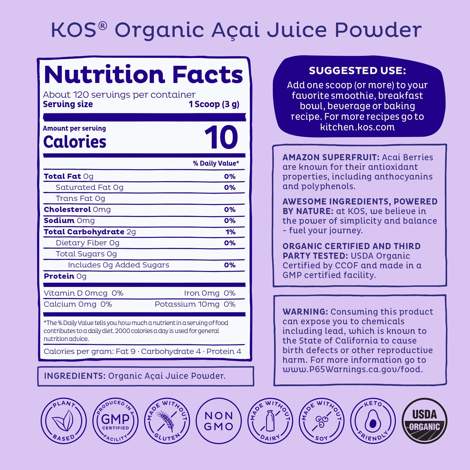KOS Organic Acai Powder scoop ready for daily antioxidant boost.