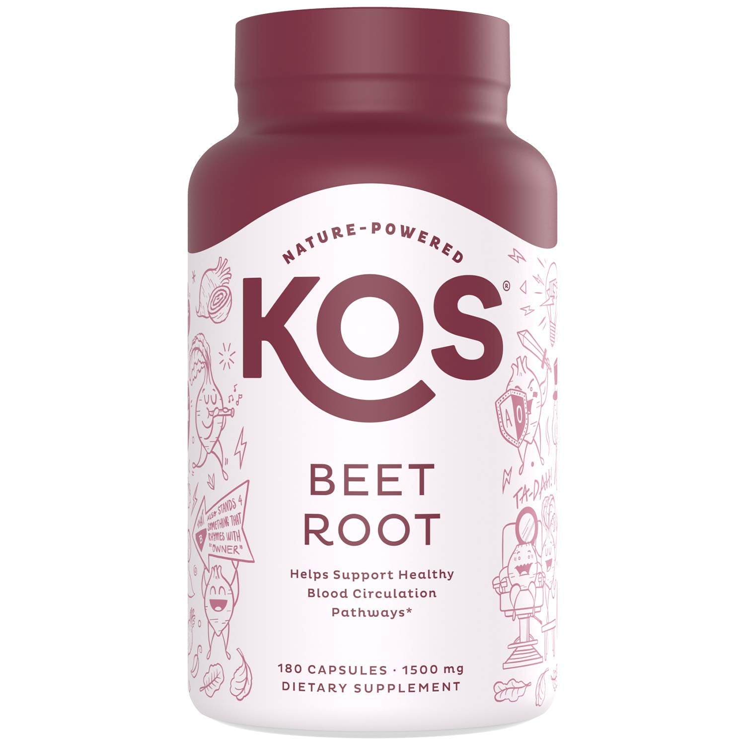 KOS Organic Beetroot Capsules bottle showcasing 1500mg per serving for easy daily nutrition.