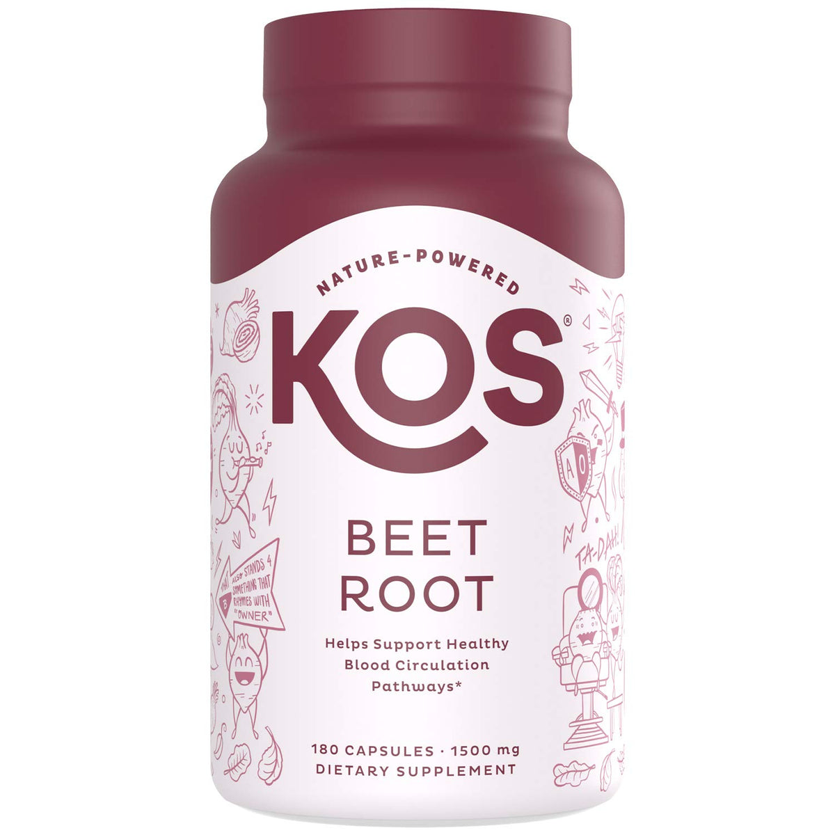 KOS Organic Beetroot Capsules bottle showcasing 1500mg per serving for easy daily nutrition.