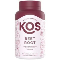 KOS Organic Beetroot Capsules bottle showcasing 1500mg per serving for easy daily nutrition.