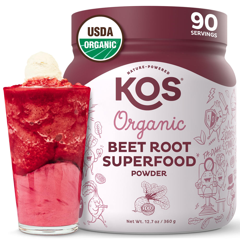 KOS Organic Beetroot Powder bottle with vibrant pink color for smoothies.
