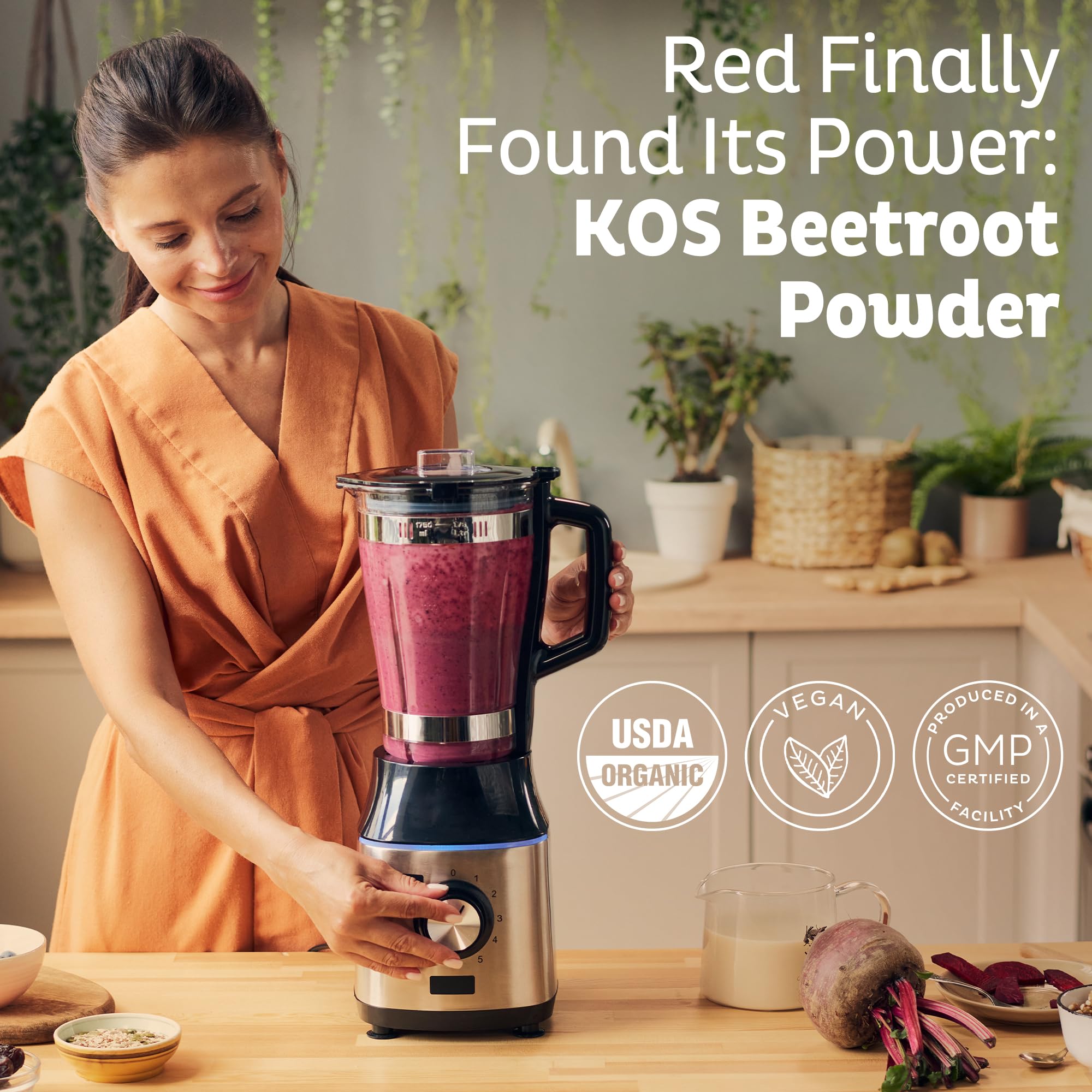 KOS Organic Beetroot Powder pour reveals deep pink hue for beverages.