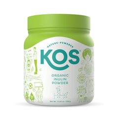 KOS Organic Inulin Powder bag front, highlights prebiotic fiber and vegan status.