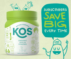 KOS Organic Inulin Powder close-up reveals fine texture ideal for mixing.