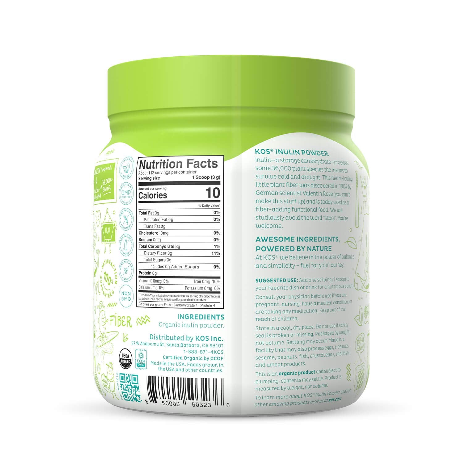 KOS Organic Inulin Powder serving next to smoothie illustrates versatility.