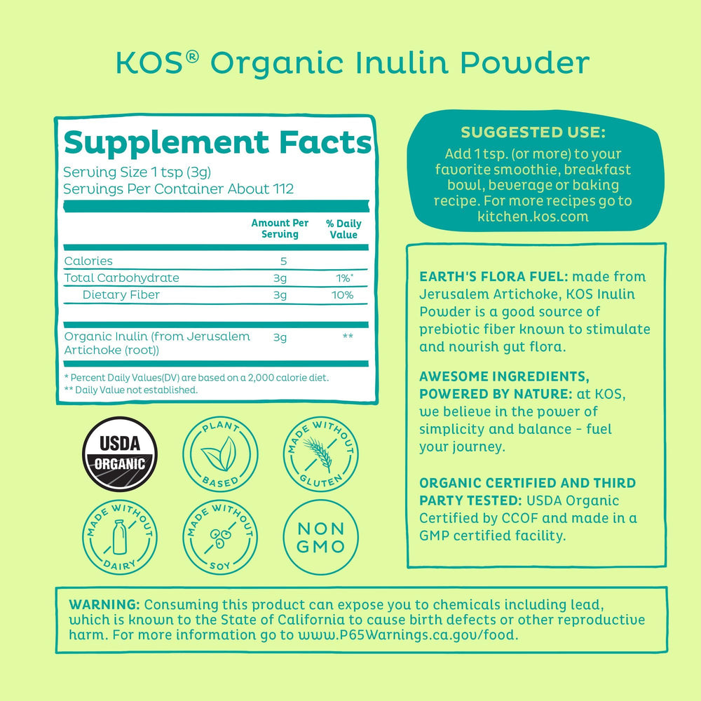 KOS Organic Inulin Powder label details show USDA certification and allergen info.