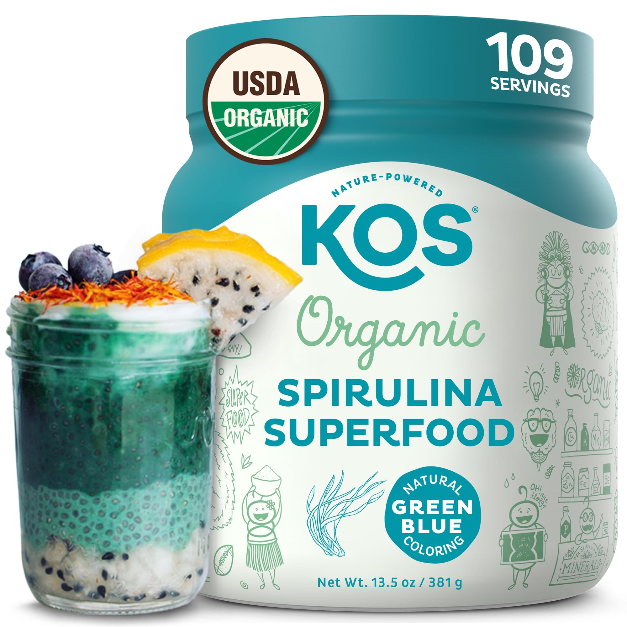 KOS Organic Spirulina bottle front, ideal for smoothies.