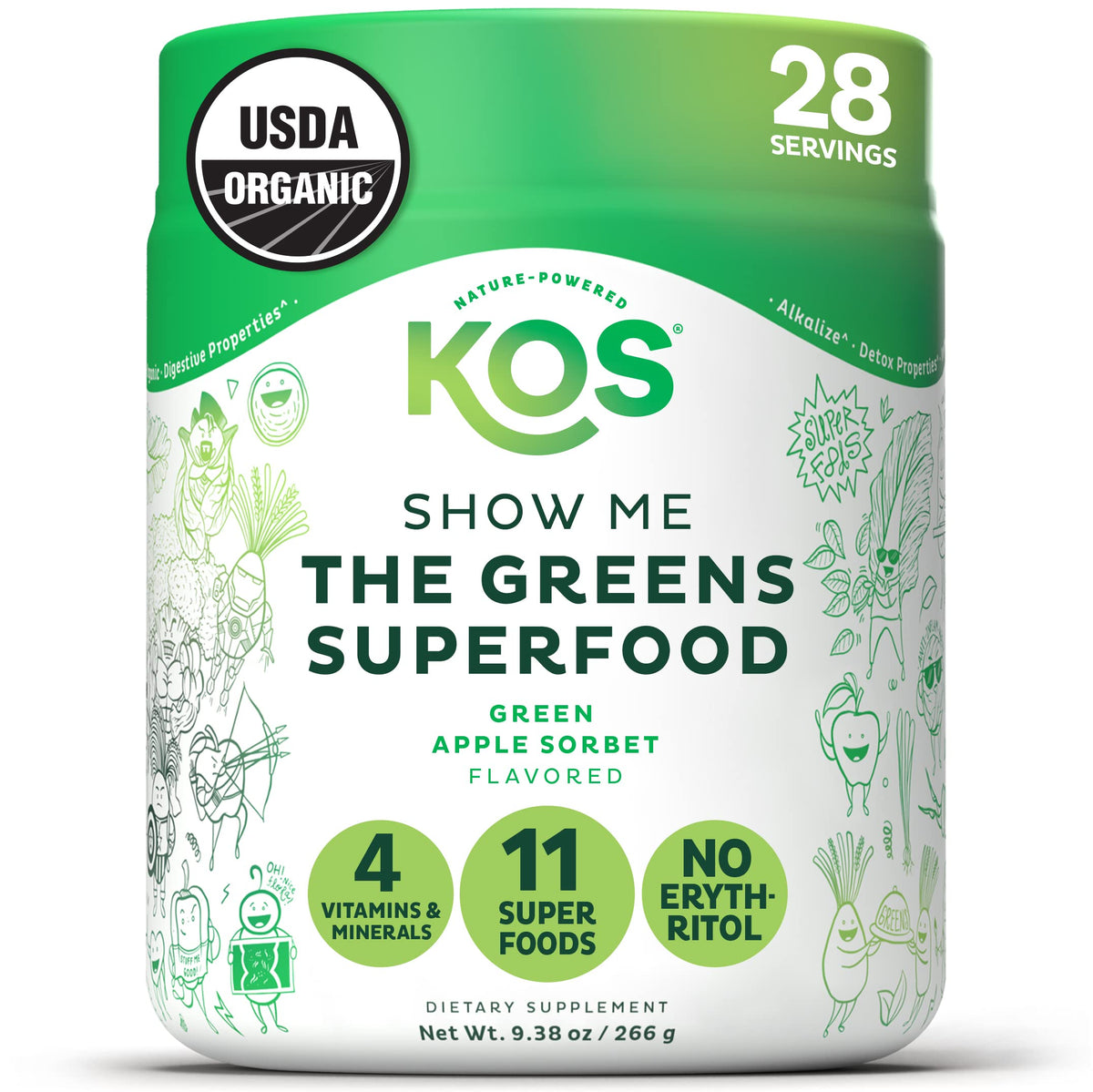 KOS Organic Super Greens powder bottle showing Apple flavor for daily greens