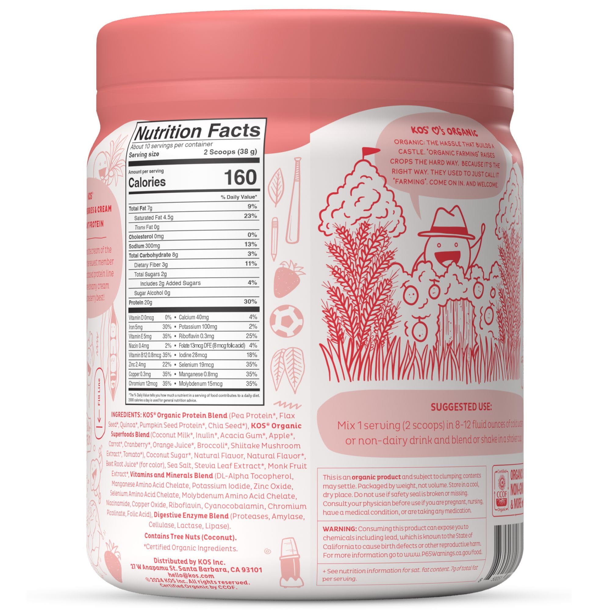 Kos Protein Powder Strawberry Cream blended with ice into a smoothie