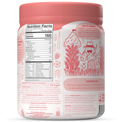 Kos Protein Powder Strawberry Cream blended with ice into a smoothie