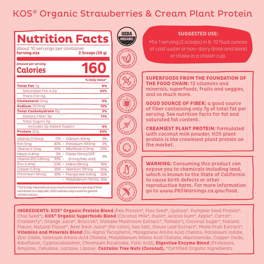 Kos Protein Powder Strawberry Cream pours into a glass for a shake