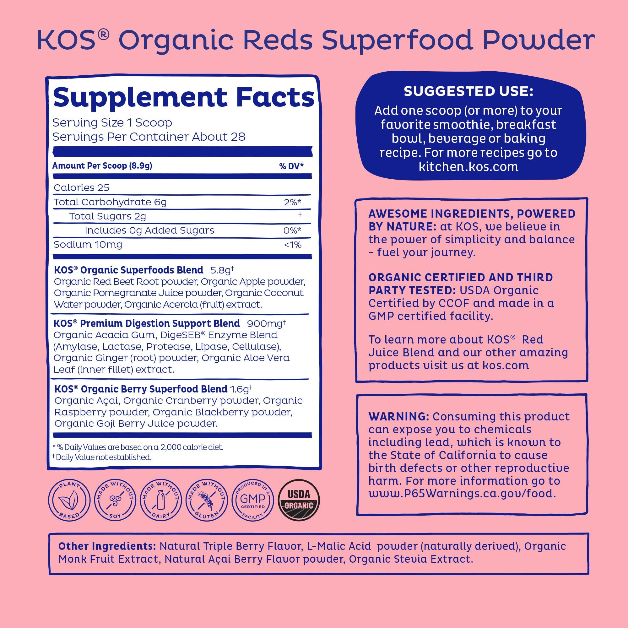 KOS Reds berry drink in a glass highlights refreshing, antioxidant-rich sip without caffeine