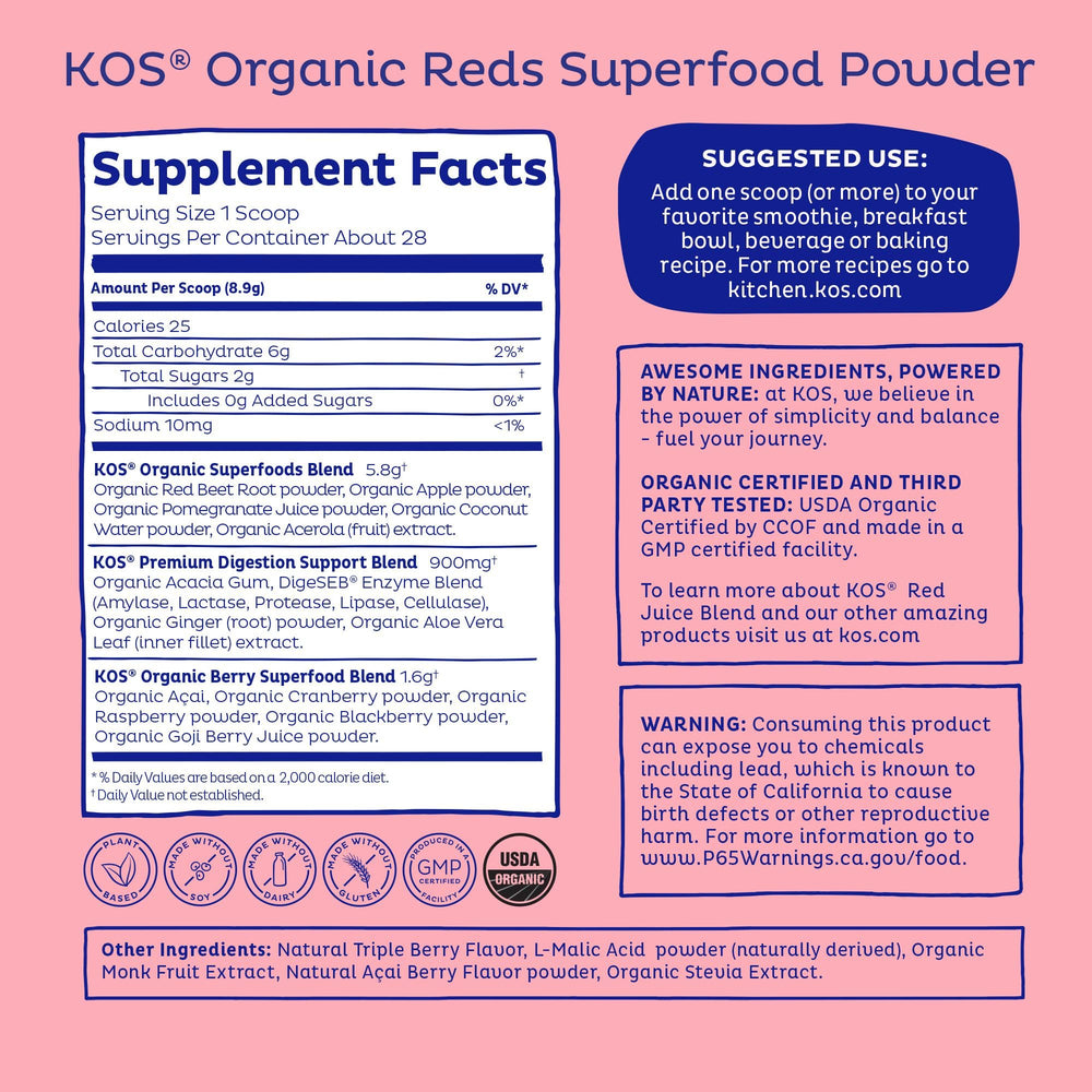 KOS Reds berry drink in a glass highlights refreshing, antioxidant-rich sip without caffeine
