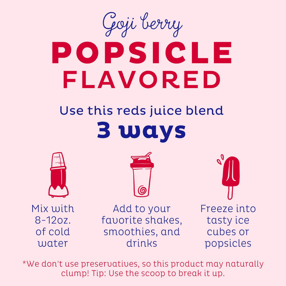KOS Reds goji acai pomegranate blend close-up showcases antioxidant-rich fruit power