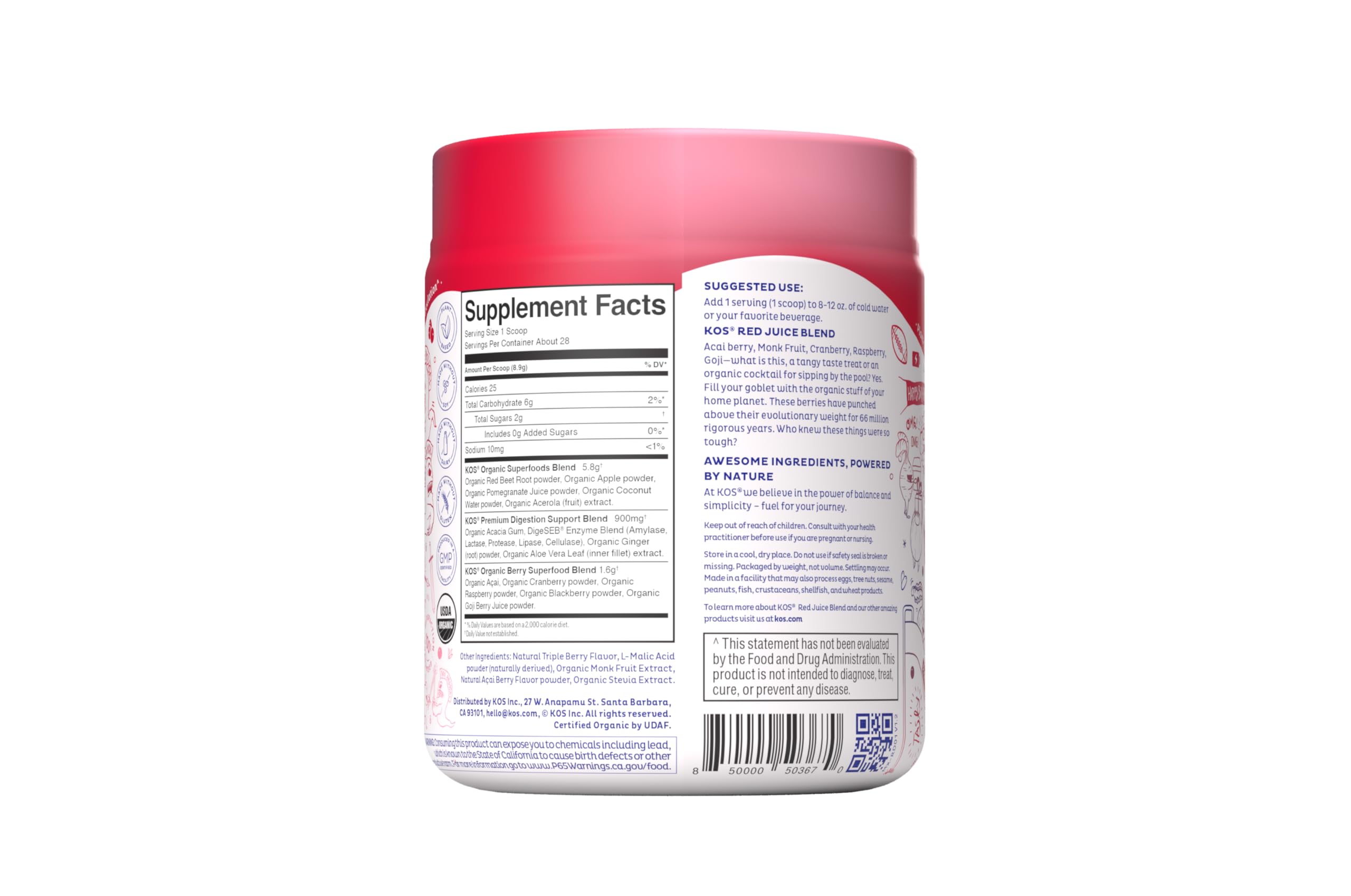 KOS Reds ingredients lineup shows beet root and berries for a vibrant wellness blend