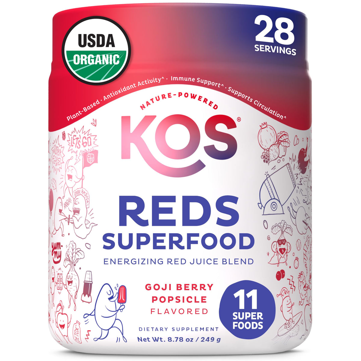 KOS Reds powder tub label shows organic ingredients for daily antioxidant support