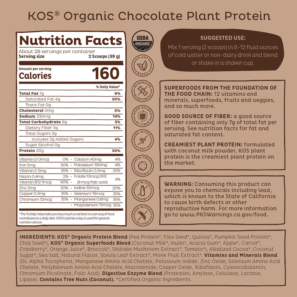 KOS Vegan Protein Powder Chocolate nutrition label detail supports informed selection.