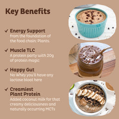 KOS Vegan Protein Powder Chocolate scoop shot emphasizes easy mixing into smoothies.