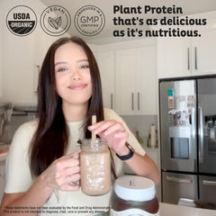 KOS Vegan Protein Powder Chocolate shake glass highlights convenient plant-based nutrition after workouts.