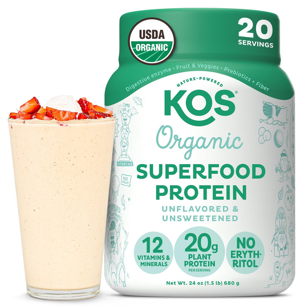 KOS vegan protein powder bottle showing unflavored formula suitable for keto