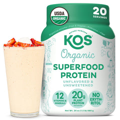 KOS vegan protein powder bottle showing unflavored formula suitable for keto