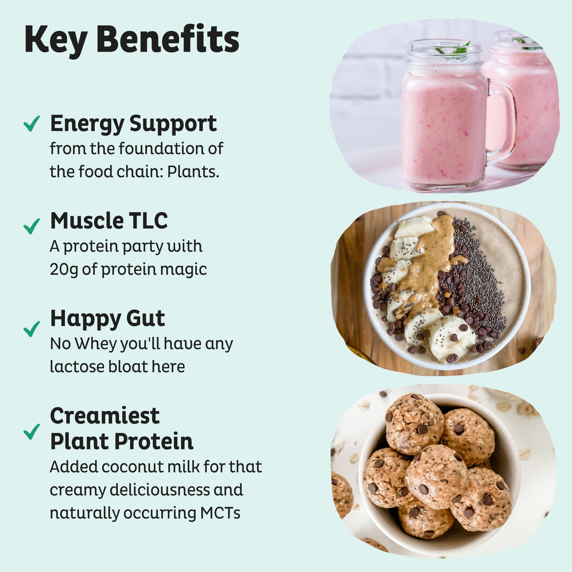 KOS vegan protein powder scoop with 20 serving tub for quick meals