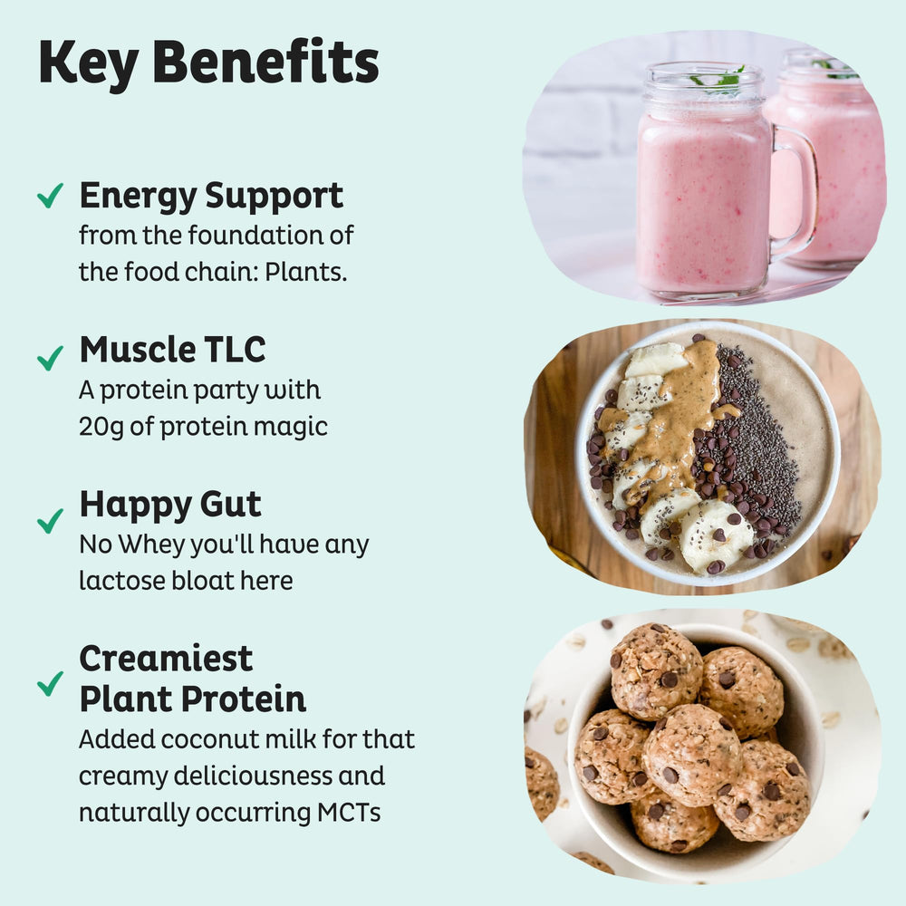 KOS vegan protein powder scoop with 20 serving tub for quick meals