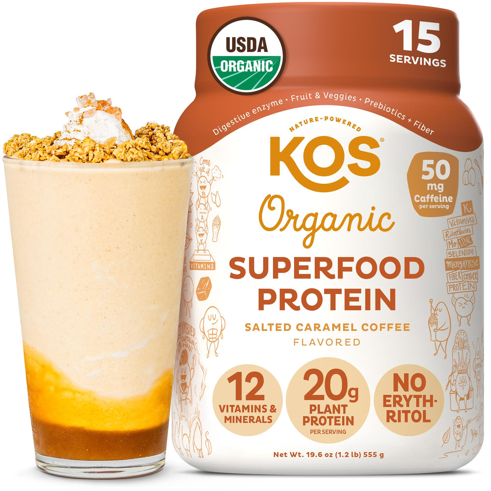 KOS vegan protein powder bag with salted caramel coffee flavor; organic ingredients for clean nutrition.