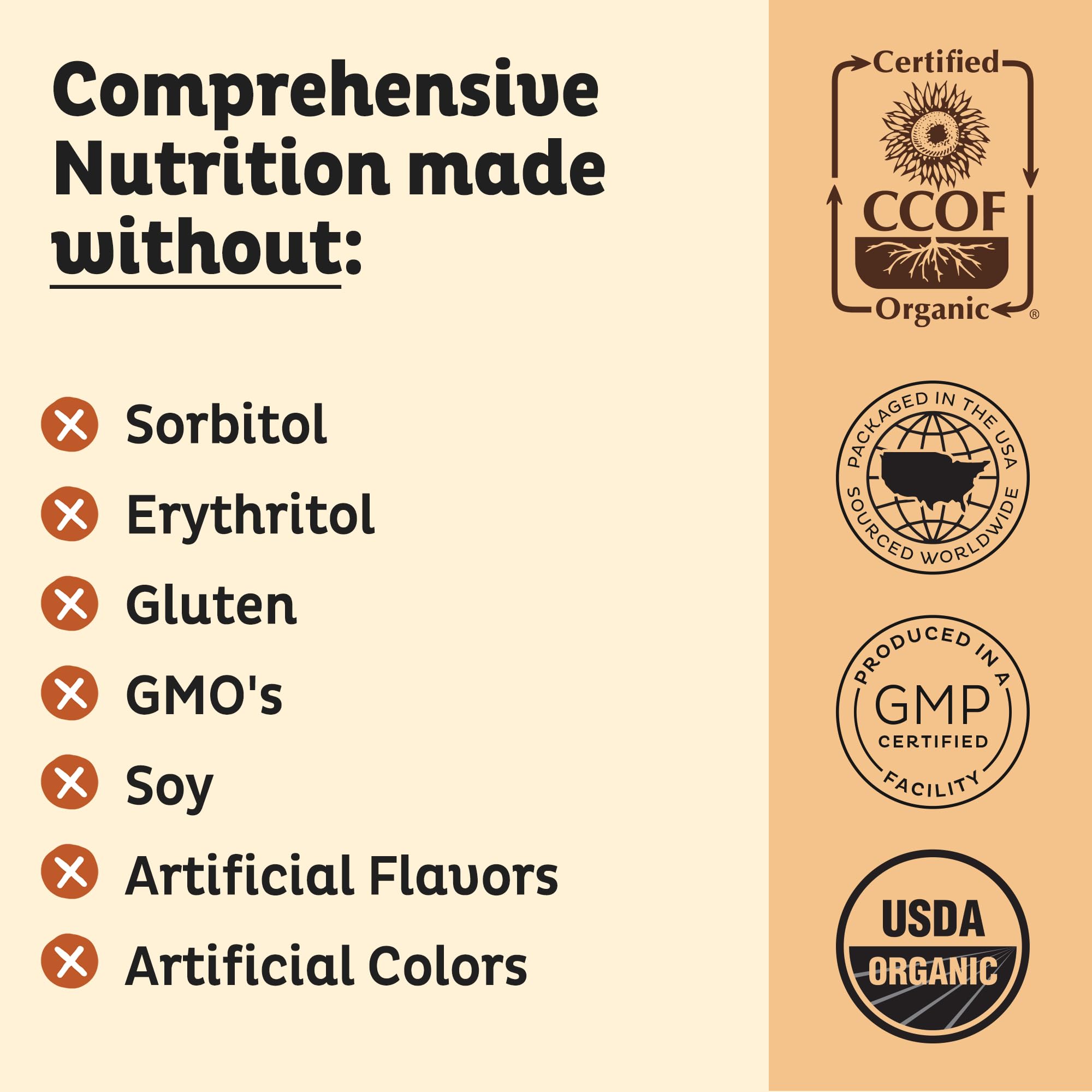 KOS label showcases USDA and CCOF certified ingredients and clean nutrition.