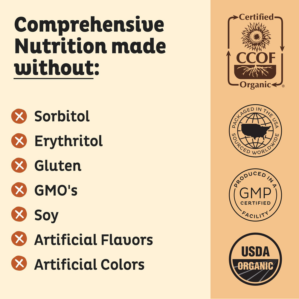 KOS label showcases USDA and CCOF certified ingredients and clean nutrition.