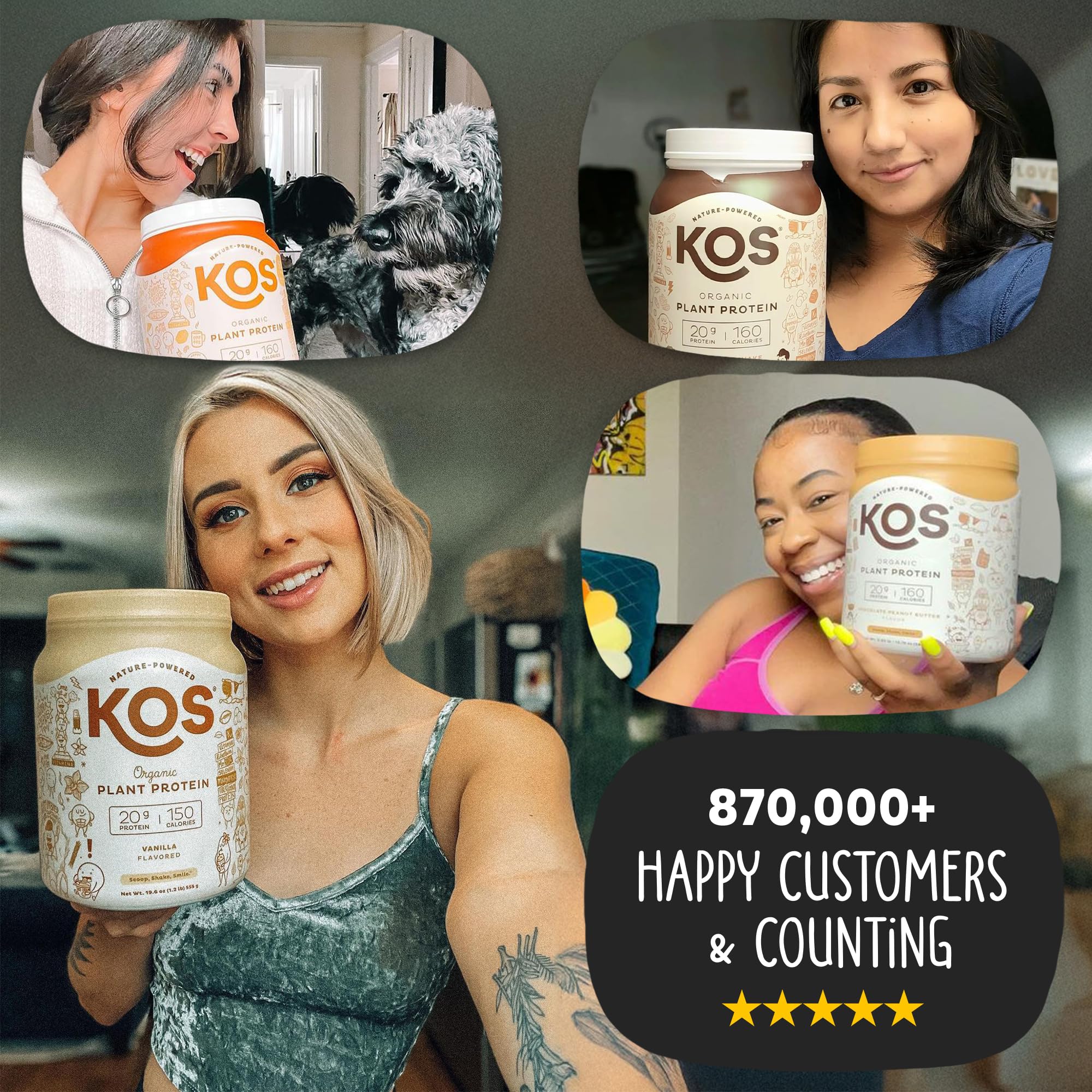 KOS vanilla protein ingredients panel showcasing pea protein and vitamins