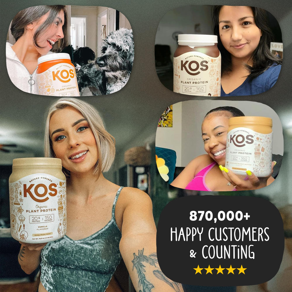 KOS vanilla protein ingredients panel showcasing pea protein and vitamins