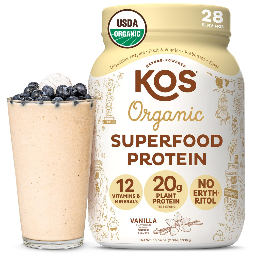 KOS vegan protein vanilla jar showing organic ingredients for a plant-based option