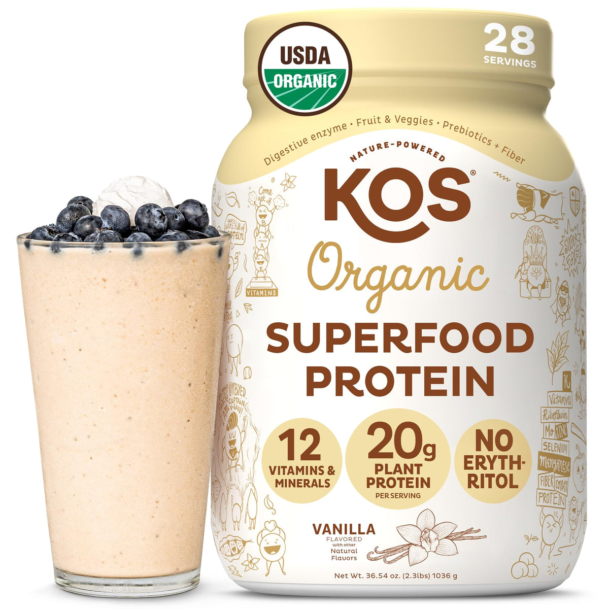 KOS vegan protein vanilla jar showing organic ingredients for a plant-based option